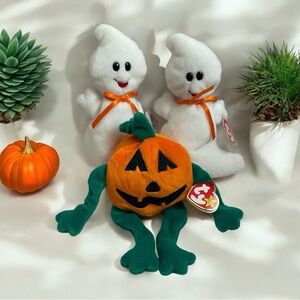 VTG Halloween Beanie Babies 2 Spooky Ghosts 1995 & 1 Jack O Lantern Pumkin 1998